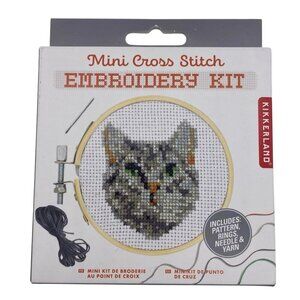 Kikkerland Mini Cross Stitch Embroidery Kit Cat Pattern 3" Hoop